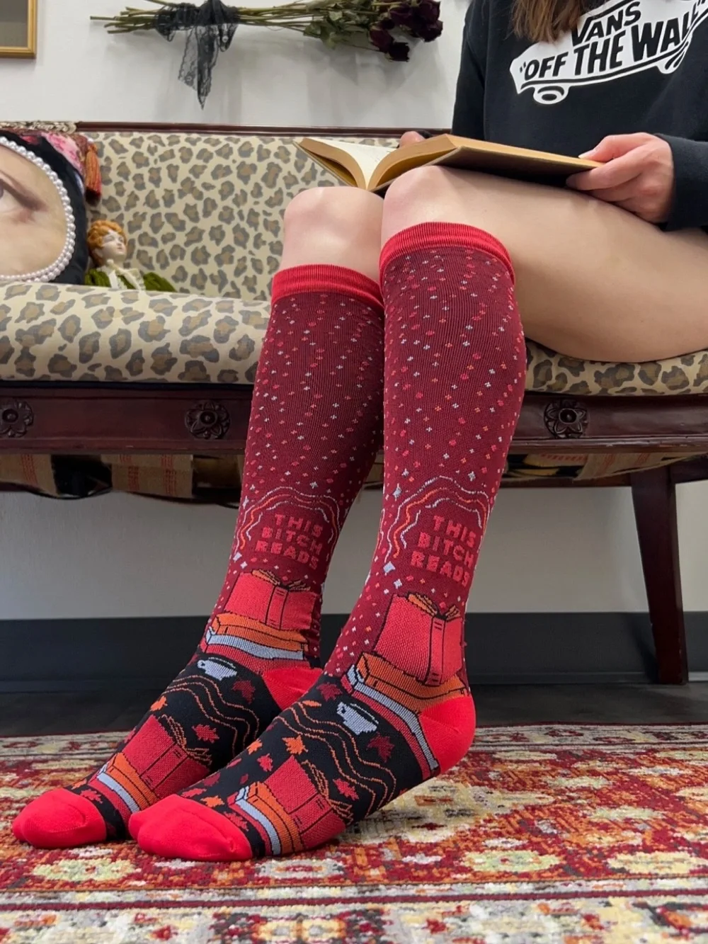 Groovy Things Red ‘This B Reads’ Wide Calf Compression Socks